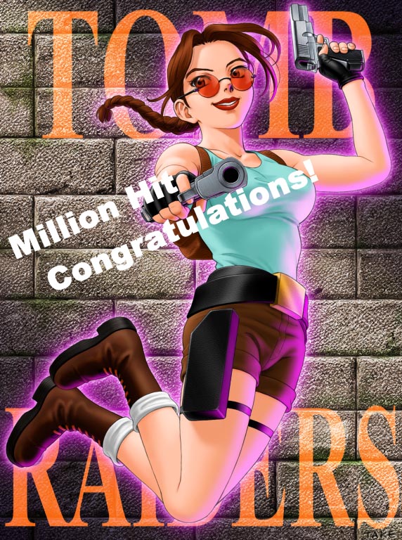 teiku (take), lara croft, tomb raider, commentary request, weapon request, 1990s (style), 1girl, aiming, aiming at viewer, ankle boots, aqua tank top, arm up, bare arms, bare shoulders, belt, black belt, black gloves, boots, braid, braided ponytail, breasts, brick wall, brown bag, brown boots, brown eyes, brown hair, brown shorts, character name, dual wielding, eyes visible through eyewear, feet up heels up, fingerless gloves, floating hair, gloves, gun, handgun, holding, jumping, looking at viewer, medium breasts, midair, milestone celebration, moss, outer glow, outline, outstretched arm, parted lips, purple outline, red-tinted eyewear, red lips, retro artstyle, short shorts, shorts, smile, solo, tank top, teeth, thigh strap, tinted eyewear, weapon