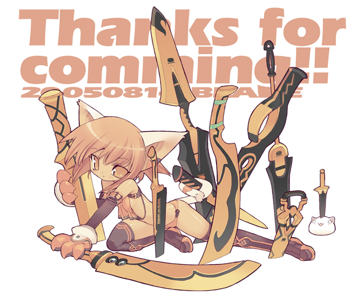 blade (galaxist), original, blade, 1girl, animal ears, boots, cat ears, cat tail, elbow gloves, female focus, gloves, holding, holding sword, holding weapon, holding with tail, looking at viewer, orange eyes, orange hair, orange theme, prehensile tail, short hair, solo, sword, tail, thigh boots, thighhighs, too many, weapon