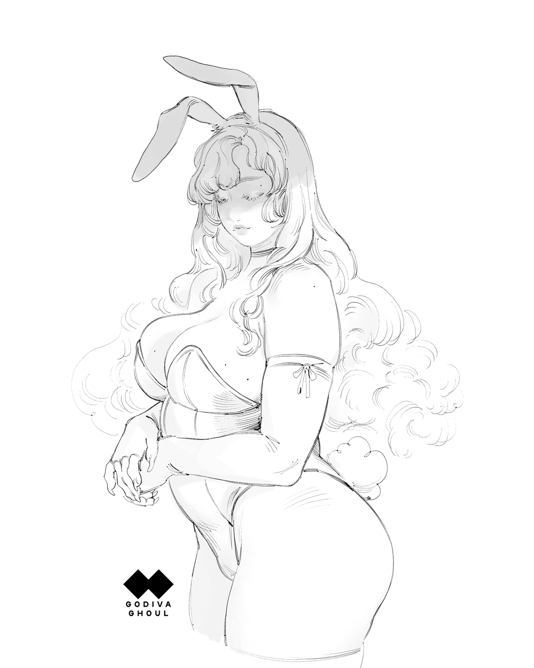 godiva ghoul, original, commentary, english commentary, highres, 1girl, animal ears, artist logo, artist name, ass, asymmetrical bangs, bare shoulders, belly, breasts, choker, cleavage, closed eyes, closed mouth, cropped legs, elbow gloves, eyelashes, fake animal ears, fingerless gloves, fingernails, from side, glove ribbon, gloves, greyscale, hair over shoulder, large breasts, leotard, lips, logo, long fingernails, long hair, mole, mole on breast, monochrome, multiple moles, own hands together, playboy bunny, plump, rabbit ears, rabbit tail, sharp fingernails, simple background, sketch, skindentation, solo, strapless, strapless leotard, tail, thighhighs, thighs, white background