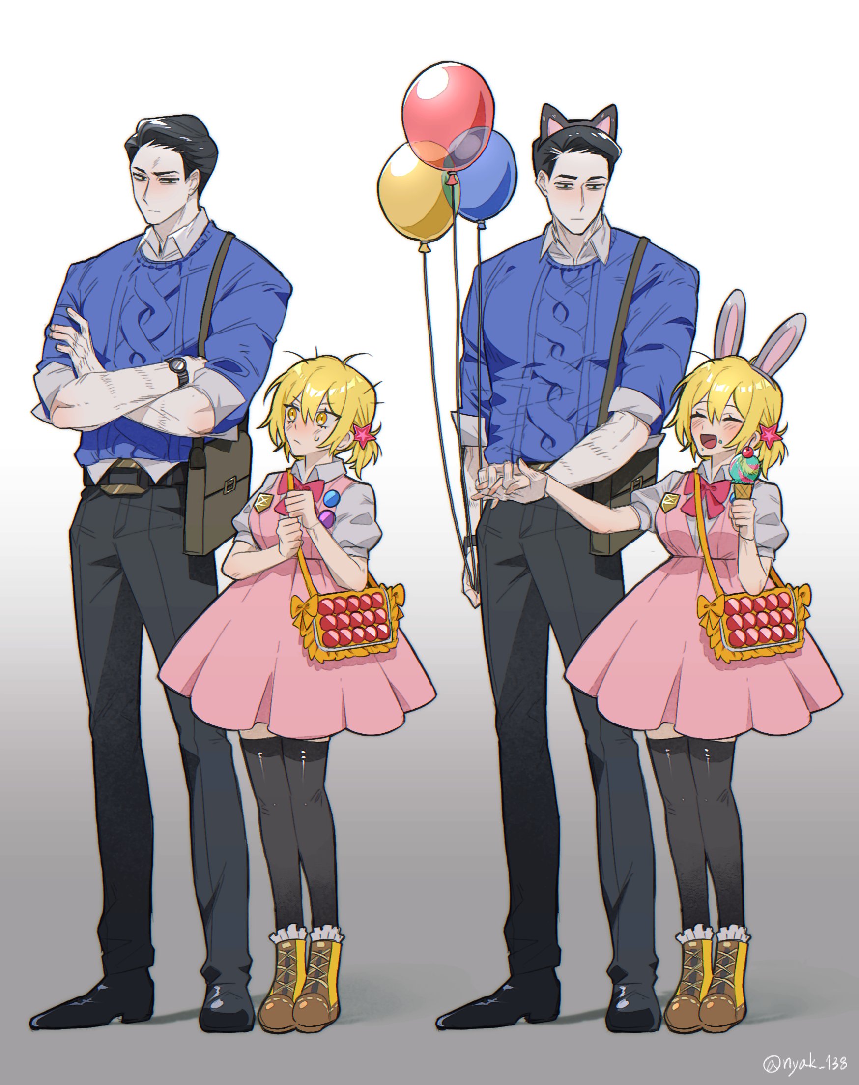 nyak 138, don quixote (project moon), meursault (project moon), limbus company, project moon, commentary request, highres, korean commentary, 1boy, 1girl, animal ears, bag, balloon, belt, black belt, black eyes, black hair, black pants, black shoes, black thighhighs, blonde hair, blue sweater, boots, brown boots, cat ears, collared shirt, dress, dress shoes, fake animal ears, gradient background, grey background, hair between eyes, hair ornament, holding, holding balloon, holding hands, holding ice cream cone, ice cream cone, looking at another, multiple views, pants, parted hair, pink dress, pink ribbon, ponytail, puffy short sleeves, puffy sleeves, rabbit ears, ribbon, shirt, shoes, short hair, short ponytail, short sleeves, shoulder bag, simple background, star (symbol), star hair ornament, sweater, thighhighs, watch, white background, white shirt, wristwatch, yellow eyes, yellow ribbon