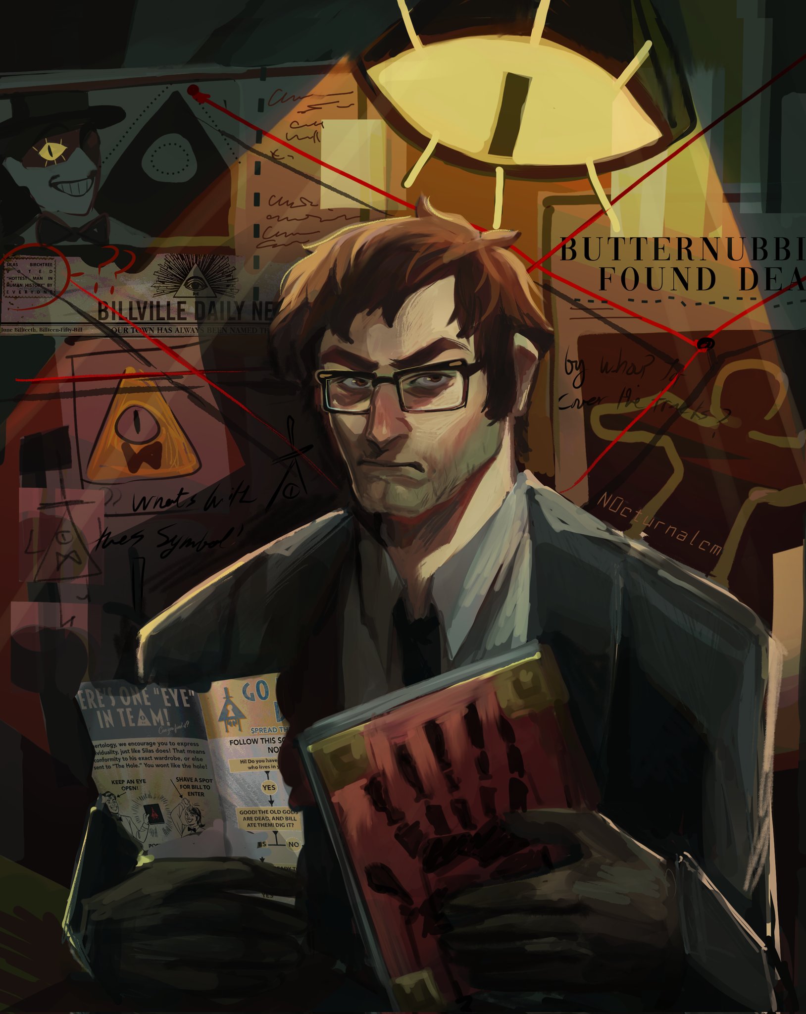 n0cturnalcm, bill cipher, ford pines, gravity falls, commentary, highres, symbol-only commentary, 1boy, bags under eyes, black coat, black necktie, book, brown hair, bulletin board, character print, cleft chin, coat, collared shirt, extra digits, eye print, furrowed brow, holding, holding book, holding paper, looking at viewer, narrowed eyes, necktie, paper, shirt, short hair, sideburns, solo, spotlight, string, upper body, white shirt