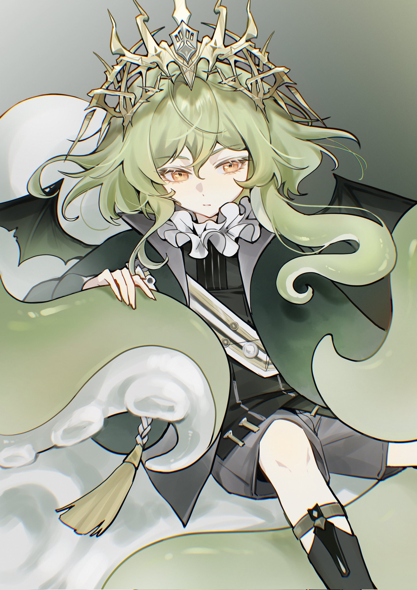tujiang6, tulu (morimens), morimens, chinese commentary, commentary request, highres, translation request, 1boy, black shirt, closed mouth, coat, demon wings, green coat, green hair, grey shorts, hair between eyes, male focus, neck ruff, orange eyes, shirt, shorts, sitting, solo, suction cups, tentacle hair, tentacles, tiara, wings