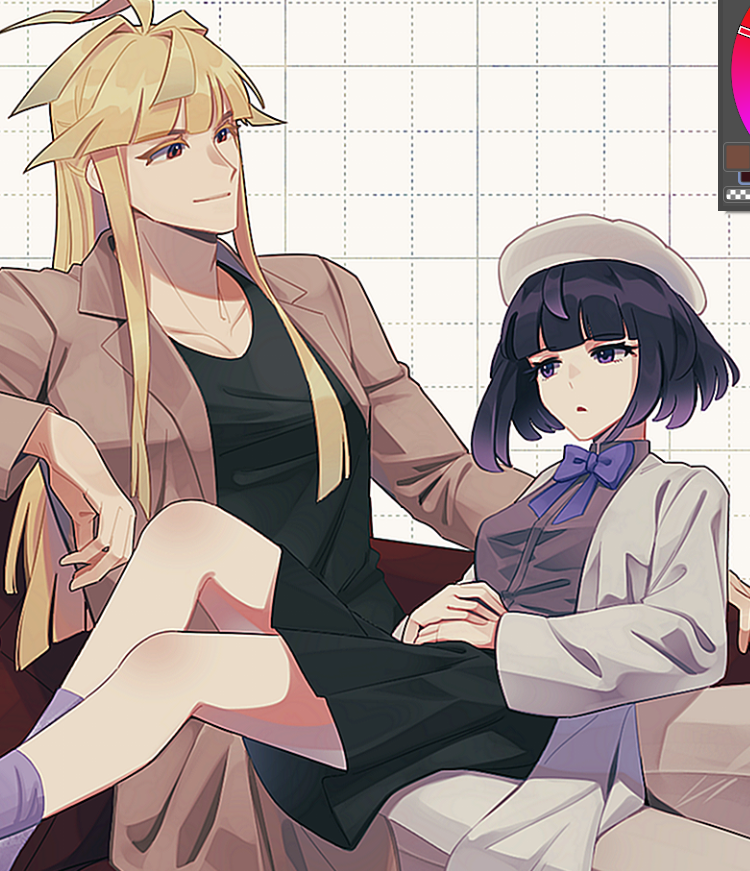 elulit2, gwynn (pokemon), ivor (pokemon), nintendo, pokemon, pokemon legends: z-a, commentary request, 1boy, 1girl, alternate costume, art program in frame, black hair, black shirt, black skirt, blonde hair, blunt bangs, bow, bowtie, brother and sister, brown coat, coat, gradient hair, grid background, hat, long hair, long sleeves, looking at another, multicolored hair, open clothes, open coat, purple bow, purple bowtie, purple eyes, purple hair, purple socks, red eyes, shirt, short hair, siblings, sitting, sitting on lap, sitting on person, skirt, socks, white coat, white hat