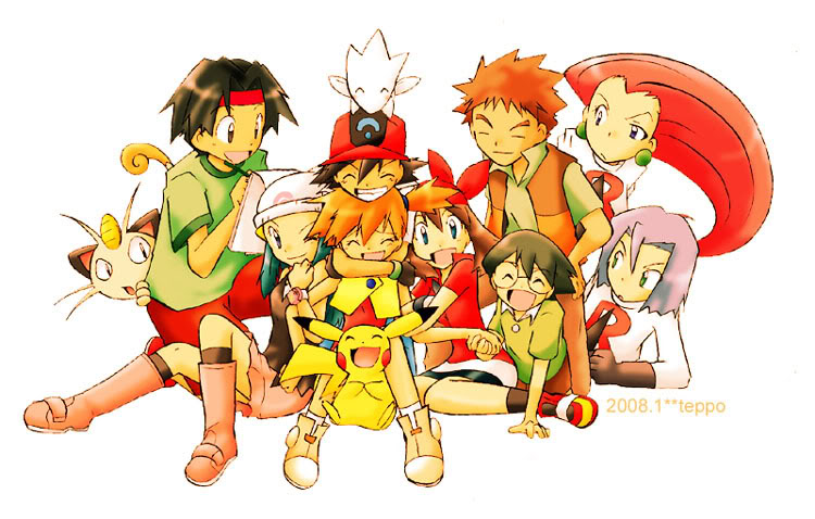 ash ketchum, dawn (pokemon), james (pokemon), jessie (pokemon), max (pokemon), may (pokemon), meowth, misty (pokemon), pikachu, togetic, tracey sketchit, nintendo, pokemon, pokemon (anime), pokemon (classic anime), pokemon dppt (anime), pokemon rse (anime), 4girls, bandana, baseball cap, beanie, blue eyes, blue hair, brown hair, child, closed eyes, dated, everyone, gen 1 pokemon, gen 2 pokemon, glasses, gloves, green eyes, grin, gym leader, hat, headband, hug, long hair, multiple girls, on head, one eye closed, open mouth, orange hair, pokemon (creature), pokemon on head, ponytail, red hair, shorts, siblings, side ponytail, simple background, smile, team rocket, team rocket uniform, white background, wink