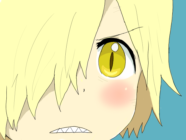 viral (ttgl), tengen toppa gurren lagann, 1boy, blonde hair, gununu (meme), hair over one eye, male focus, meme, parody, portrait, sharp teeth, solo, teeth, yellow eyes