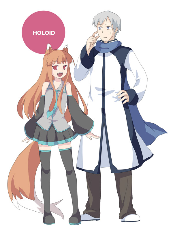 kaiso, craft lawrence, hatsune miku, holo, kaito (vocaloid), spice and wolf, vocaloid, silver hair, bad id, bad pixiv id, 1boy, 1girl, animal ears, blue eyes, blue scarf, brown hair, cosplay, detached sleeves, hatsune miku (cosplay), height difference, kaito (cosplay), legs, long hair, necktie, red eyes, scarf, short hair, size difference, skirt, tail, thighhighs, wolf ears, wolf tail, zettai ryouiki