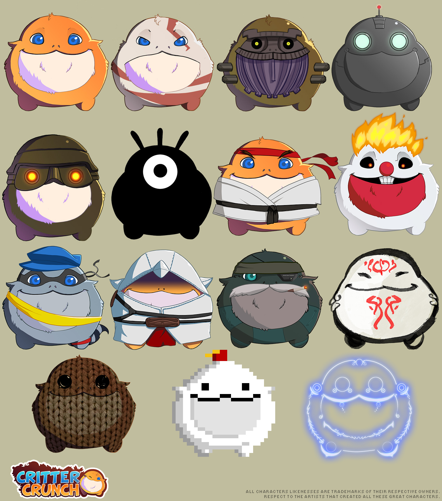 nick stephan, altair ibn la-ahad, amaterasu (ookami), bigg, clank, gomez, gomez (fez), helghast, kratos (god of war), old snake, ryu (street fighter), sackboy, sly cooper, solid snake, sweet tooth, assassin's creed, assassin's creed (series), capcom, critter crunch, fez (video game), god of war, killzone, little big planet, littlebigplanet, metal gear (series), metal gear solid, metal gear solid 4: guns of the patriots, ookami (game), patapon, ratchet & clank, shadow of the colossus, sly cooper (series), street fighter, twisted metal, highres, 6+boys, colossus, fez hat, hat, male focus, multiple boys, no humans, parody