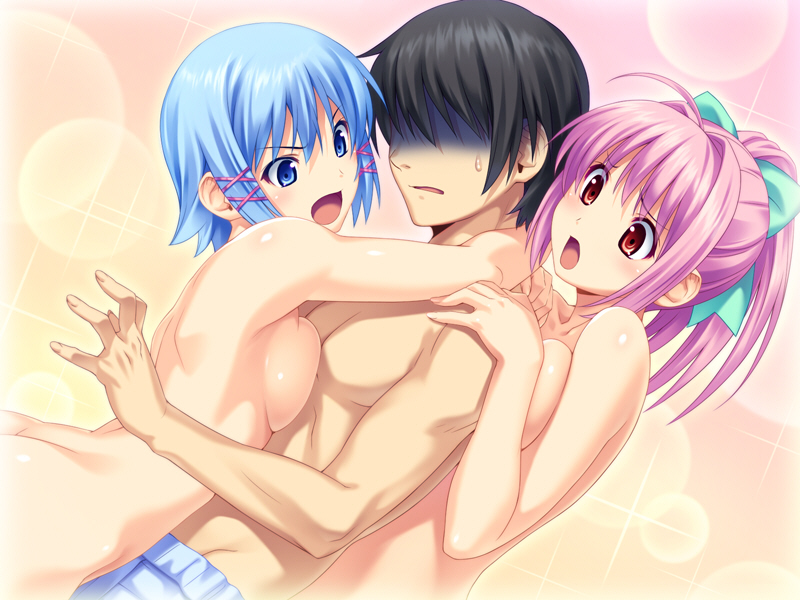 koutaro, himuro rikka, hinata hanabi, tropical kiss, game cg, 10s, 1boy, 2girls, blue eyes, blue hair, breast press, breasts, faceless, faceless male, girl sandwich, hug, large breasts, looking at viewer, multiple girls, nude, open mouth, pink hair, red eyes, sandwiched, shaded face