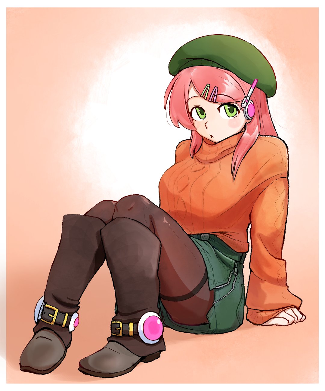 saruyama ushirou, momone momo, utau, highres, 1girl, alternate costume, beret, blush stickers, boots, border, brown boots, brown pantyhose, green eyes, green hat, green skirt, hair ornament, hairclip, hand on floor, hat, headphones, looking to the side, open mouth, orange background, orange sweater, pantyhose, pink hair, sitting, skirt, sleeves past wrists, solo, sweater, white border, zipper skirt