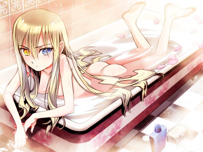 artist request, ass, bath, bathing, bathtub, blonde hair, breasts, feet, grey eyes, hair censor, heterochromia, nude, small breasts, soles, yellow eyes