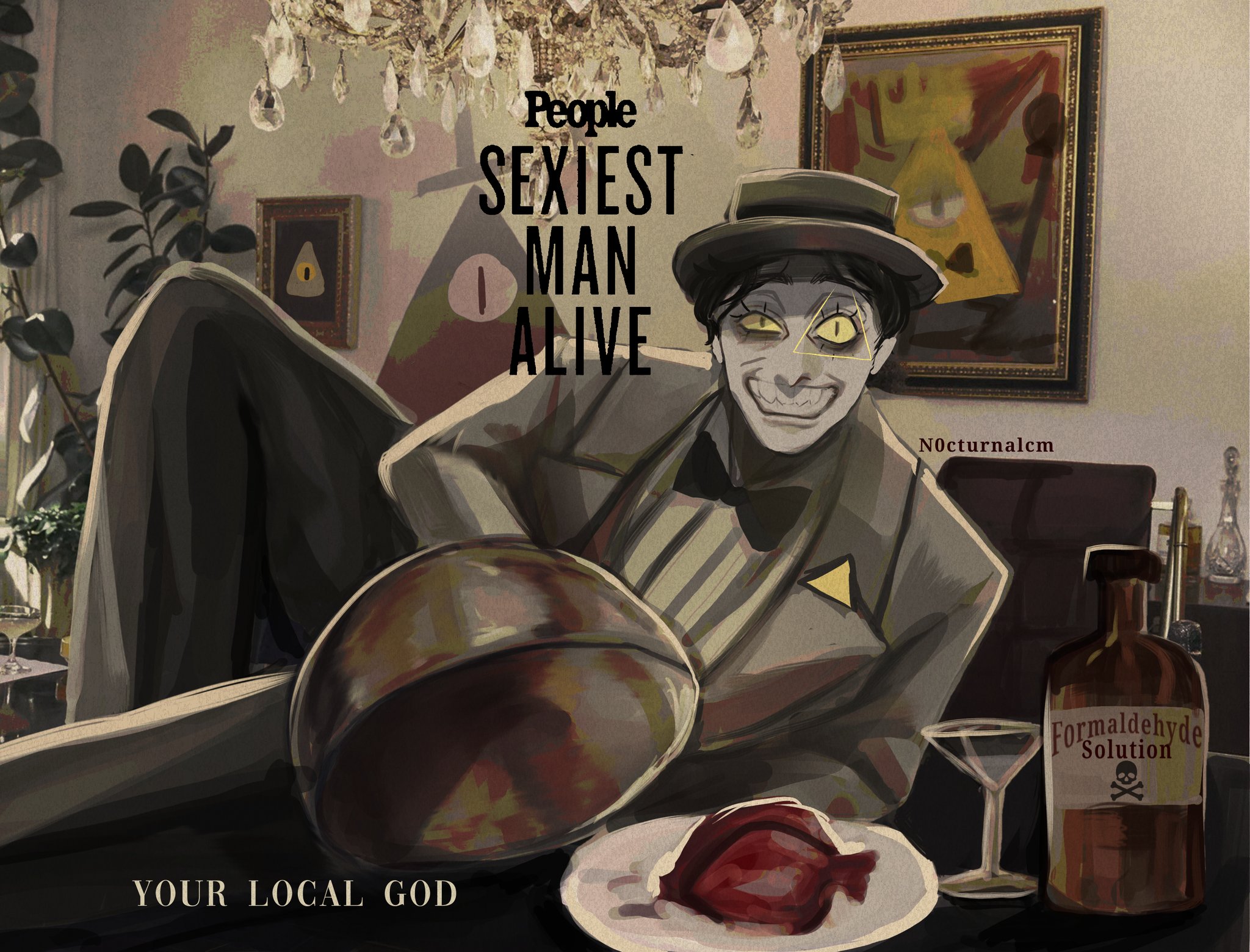 n0cturnalcm, bill cipher, gravity falls, commentary, english commentary, highres, 1boy, bags under eyes, black hair, bow, bowtie, chandelier, colored sclera, cup, drinking glass, evil grin, evil smile, fedora, grey vest, grin, half-closed eye, hat, heart (organ), indoors, knee up, looking at viewer, personification, photo background, plant, poison, portrait (object), potted plant, shirt, short hair, slit pupils, smile, solo, striped clothes, striped shirt, vest, wine glass, yellow sclera