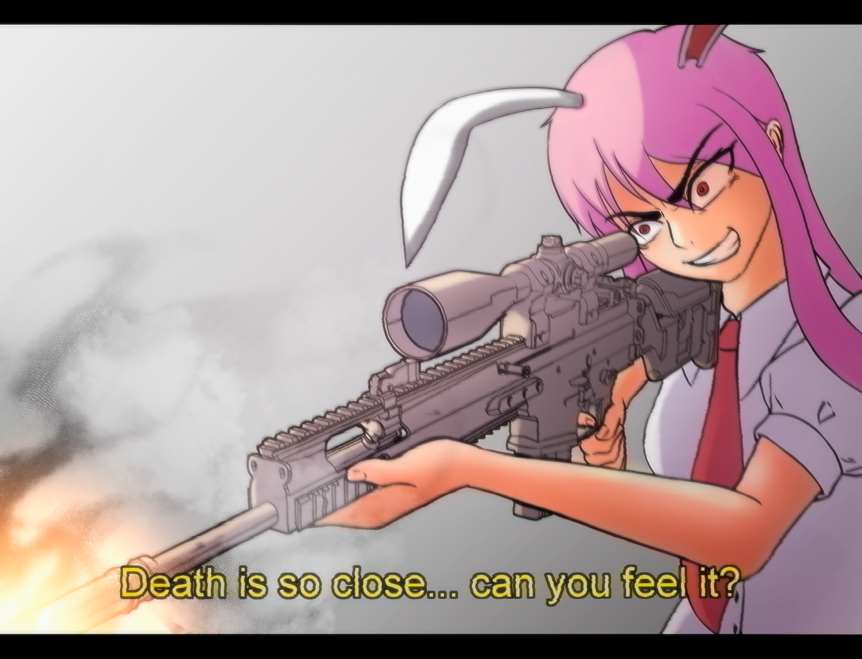 reisen udongein inaba, touhou, absurdres, commentary, highres, 1girl, animal ears, crazy eyes, crazy smile, evil smile, firing, fn mk 20 ssr, gun, holding, holding gun, holding weapon, long hair, necktie, rabbit, rabbit ears, rabbit girl, red eyes, red necktie, rifle, scope, shirt, short sleeves, simple background, smile, smoke, sniper rifle, subtitled, tskuru tazaki, weapon, white shirt