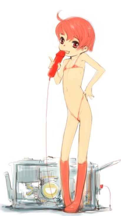 artist request, character request, source request, 1girl, bikini, cameltoe, dildo, female focus, flat chest, loli, micro bikini, pink hair, red eyes, sex toy, sketch, smile, socks, solo, swimsuit