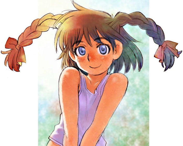 ramb chop, shinyou kurumi, dandan danku!, 1girl, bare shoulders, blue eyes, blush, braid, brown hair, female focus, hair ribbon, ribbon, solo, tank top, twin braids