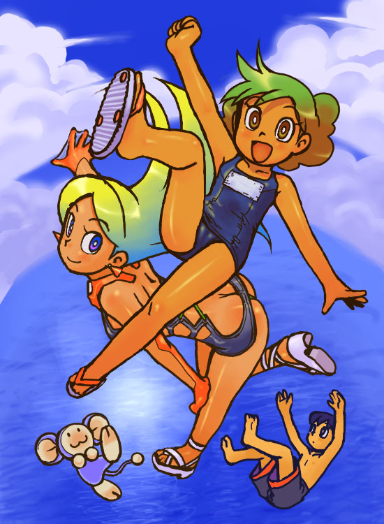 ramb chop, chinpui (chinpui), dalursa, kasuga eri, uchiki ichirou, chinpui, 1boy, 2girls, ass, barefoot, butt crack, cloud, day, flip-flops, flying, multiple girls, one-piece swimsuit, sandals, school swimsuit, sky, summer, swimsuit