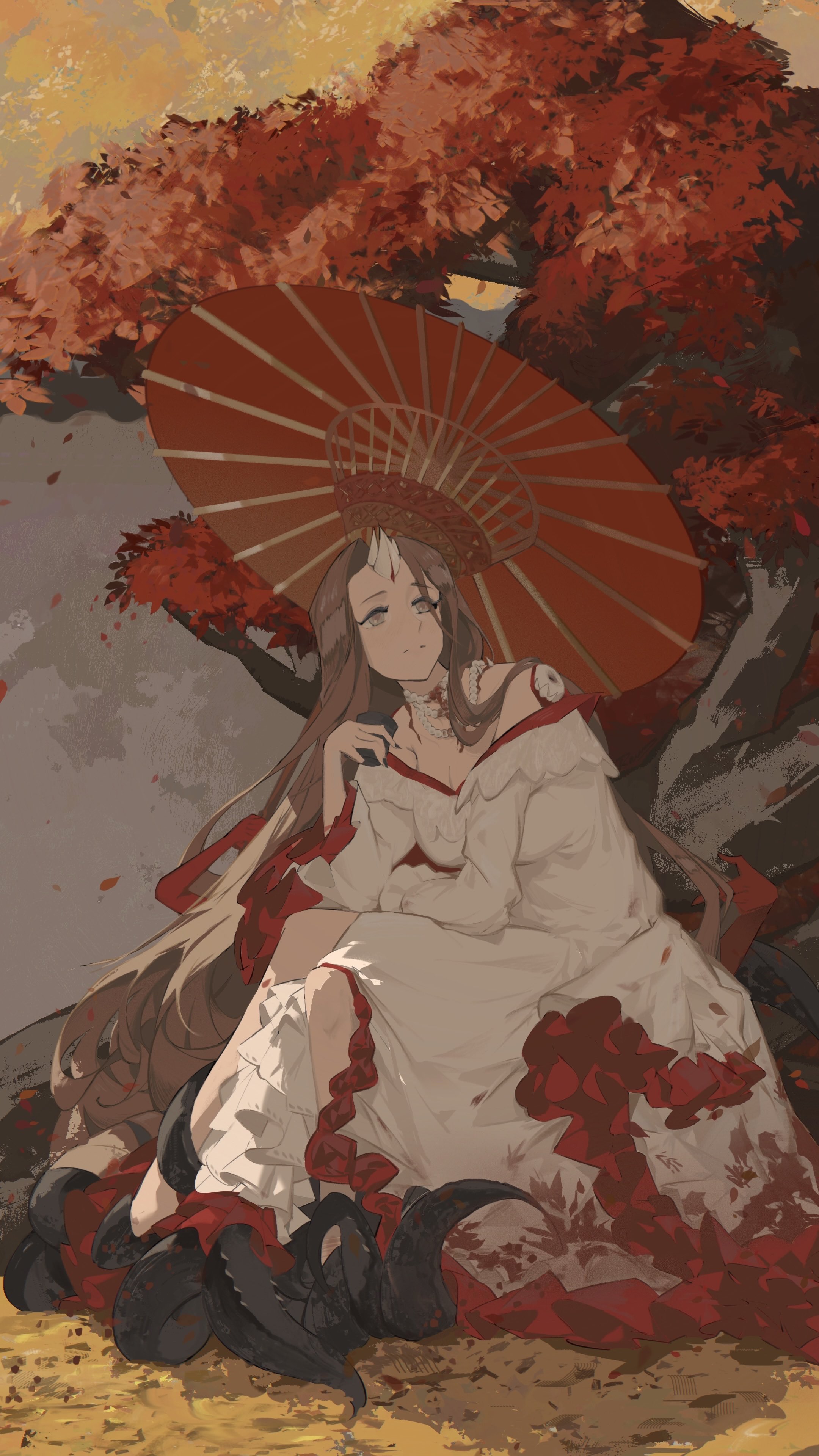 raum en, morimens, absurdres, commentary, highres, 1girl, 24 (morimens), black nails, blood, blood on jewelry, breasts, brown eyes, brown hair, cleavage, closed mouth, cup, dress, frilled dress, frills, holding, holding cup, horns, jewelry, large breasts, long hair, long sleeves, nail polish, necklace, oil-paper umbrella, outdoors, pearl necklace, sitting, solo, strapless, strapless dress, tentacles, tree, umbrella, very long hair, white dress