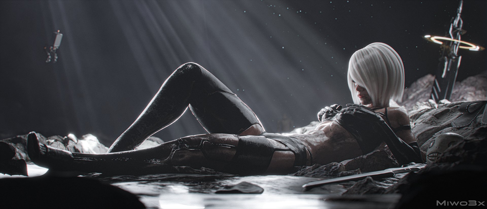 miwo3x, a2 (nier:automata), pod (nier:automata), nier:automata, nier (series), commentary, english commentary, highres, reclining, short hair, sunlight, sword, weapon, white hair