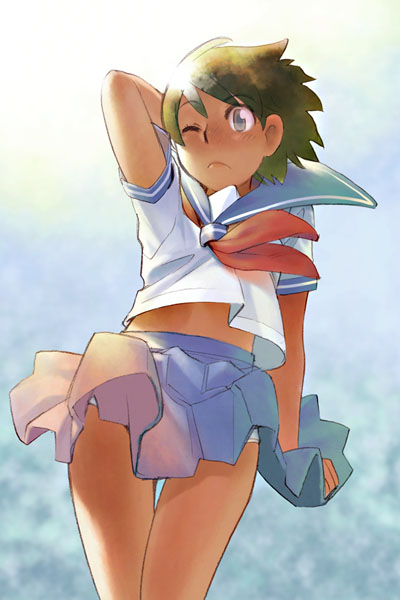 ramb chop, tsukishima shizuku, mimi wo sumaseba, studio ghibli, 1990s (style), 1girl, arm up, brown hair, cowboy shot, female focus, gradient background, one eye closed, panties, retro artstyle, school uniform, serafuku, short hair, skirt, solo, underwear, upskirt, white panties, wind, wind lift