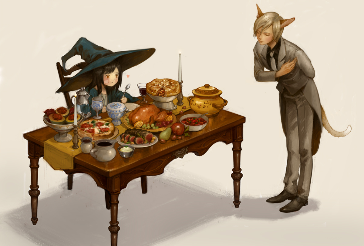 mogoshin, original, commentary request, 1boy, 1girl, animal ears, arm on table, arm rest, bandaid, bandaid on cheek, bandaid on face, beetroot, black hair, black hat, black robe, black shirt, black shoes, blonde hair, blush, bowl, brown eyes, butler, candle, candlestand, cat boy, cat ears, cat tail, chair, chalice, closed eyes, closed mouth, coffee pot, collared shirt, cooking pot, cup, drink, food, fork, fruit, grapes, gravy, gravy boat, grey hat, grey jacket, hand on own chest, hat, heart, holding, holding fork, holding spoon, jacket, leaning forward, lemon, lemon slice, long hair, long sleeves, necktie, parted lips, pear, pie, pizza, plate, robe, shirt, shoes, short hair, simple background, sitting, soup, spoon, standing, suit jacket, table, tablecloth, tail, white background, white necktie, witch, witch hat, wooden chair, wooden table