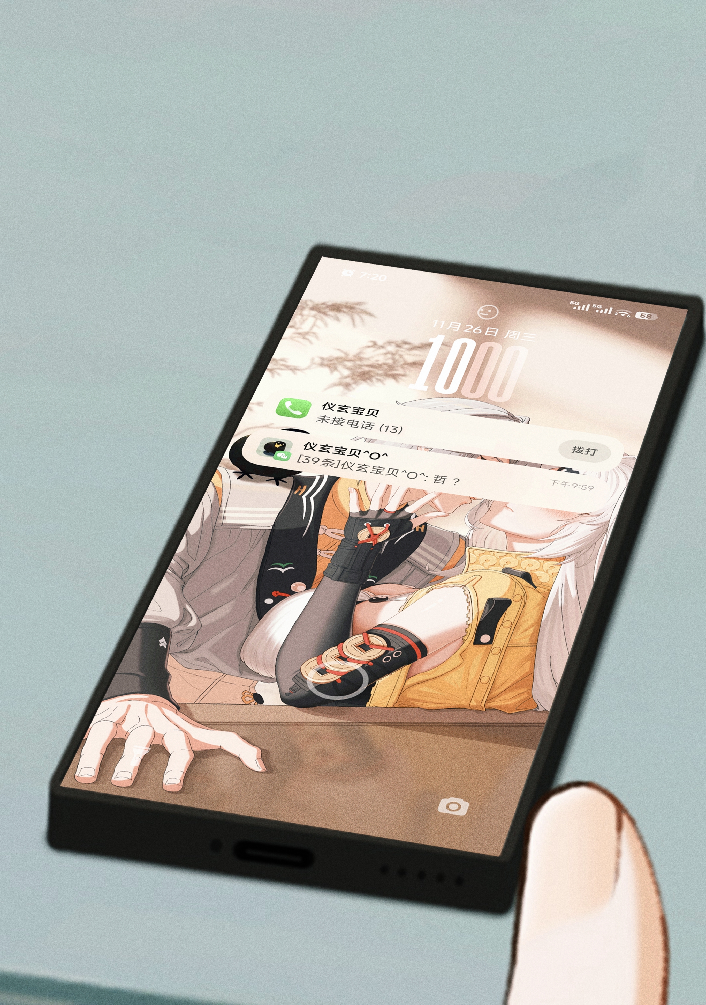 a zhen, wise (soaring crane) (zenless zone zero), wise (zenless zone zero), yixuan (zenless zone zero), zenless zone zero, absurdres, highres, translation request, 1boy, 1girl, battery indicator, bird, black bird, black gloves, breasts, cellphone, chinese text, emoji, fingerless gloves, gloves, hetero, large breasts, long hair, object focus, phone, shirt, short hair, smartphone, text messaging, thinking emoji, timestamp, white hair, white shirt