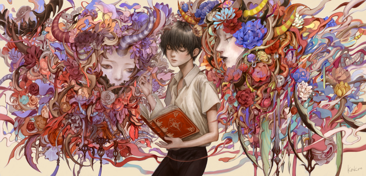 mogoshin, original, commentary request, 1boy, 1girl, 1other, absurdly detailed composition, artist name, black eyeliner, black hair, black horns, black lips, black pants, blue flower, book, brown flower, brown horns, closed eyes, closed mouth, collared shirt, cowboy shot, eyeliner, flower, grey flower, hair between eyes, holding, holding book, horns, makeup, nose, open book, orange flower, pants, purple flower, purple horns, red eyes, red flower, red horns, red ribbon, ribbon, shirt, short hair, short sleeves, striped horns, white flower, white shirt, wind chime, yellow flower, yellow horns