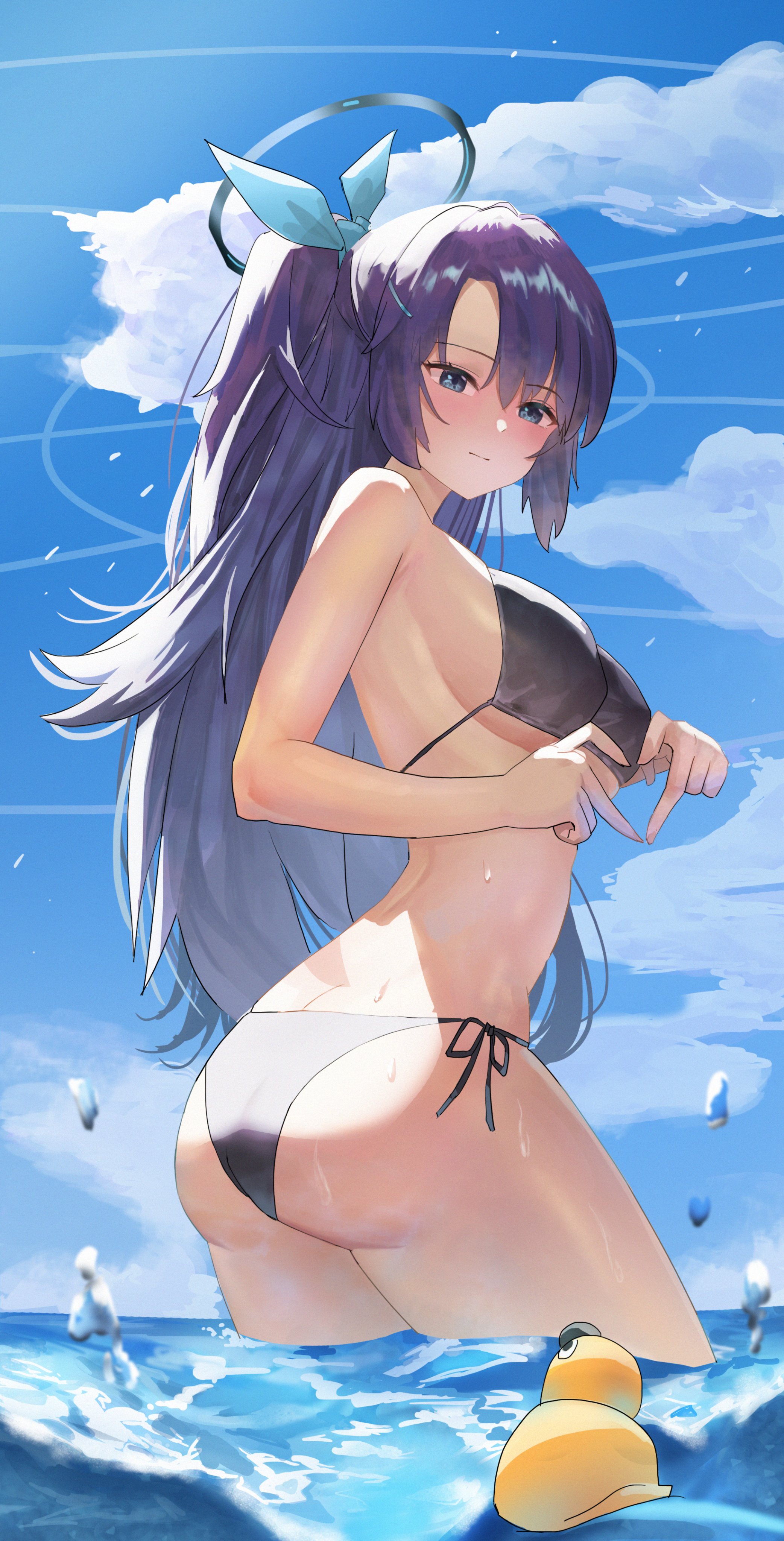 yoco0917, yuuka (blue archive), blue archive, absurdres, commentary request, highres, korean commentary, 1girl, ass, back, bikini, black bikini, blue sky, breasts, four-finger heart hands, halo, heart, heart hands, large breasts, long hair, mechanical halo, ocean, outdoors, purple eyes, purple hair, rubber duck, sky, solo, swimsuit, thighs, very long hair, water