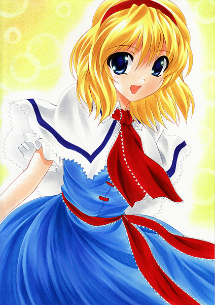 yadokari genpachirou, alice margatroid, touhou, traditional media, 1girl, blonde hair, blue eyes, dress, female focus, gradient background, hairband, short hair, solo, white background