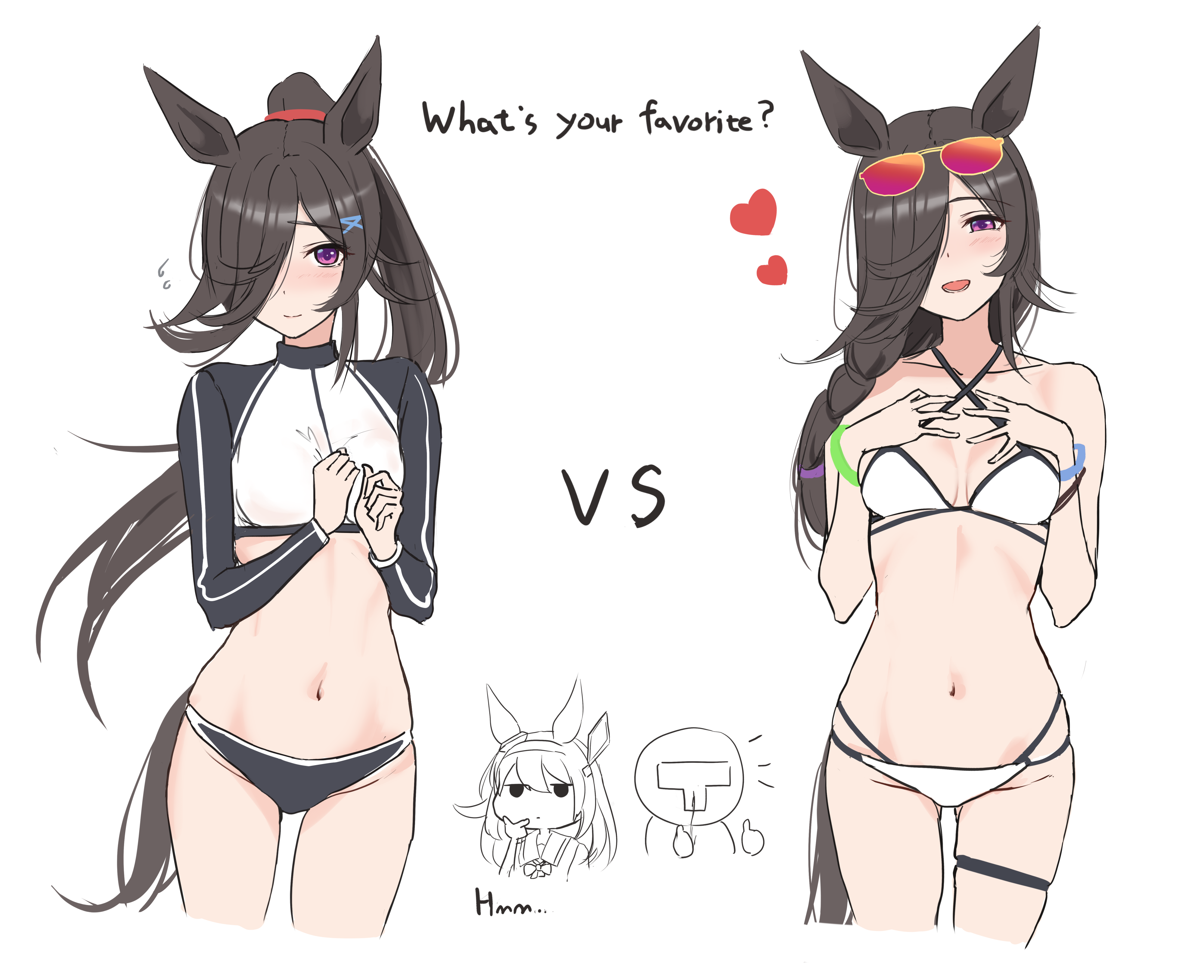 kimchi (user mpzz8457), mihono bourbon (umamusume), rice shower (umamusume), t-head trainer (umamusume), trainer (umamusume), umamusume, absurdres, highres, 1boy, 2girls, alternate costume, animal ears, black hair, english text, hair over one eye, horse ears, horse girl, horse tail, long hair, multiple girls, multiple views, navel, stomach, tail, white background