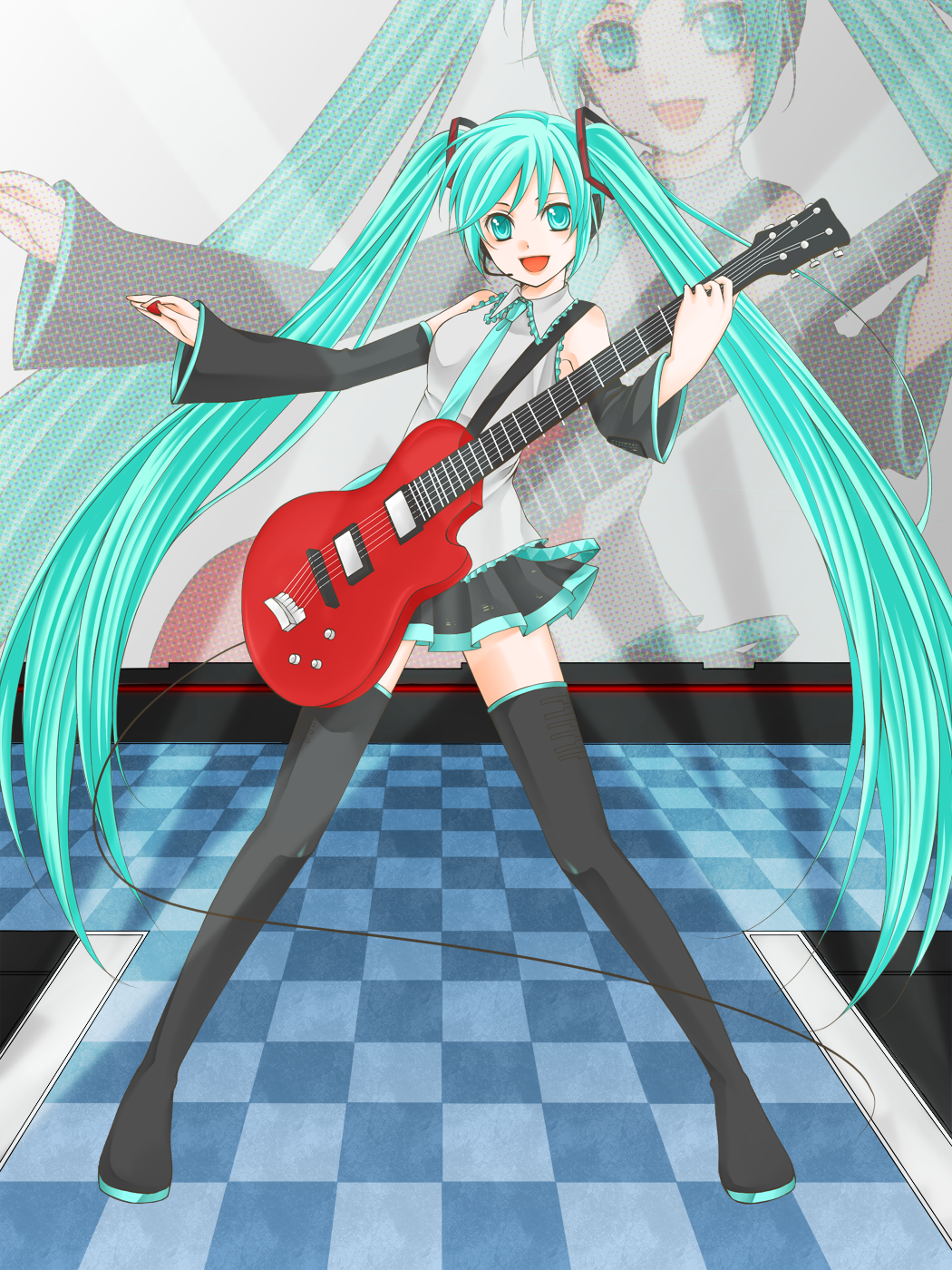 kutsuna ayumu, hatsune miku, vocaloid, highres, 1girl, aqua eyes, aqua hair, detached sleeves, female focus, full body, gibson les paul, guitar, headset, instrument, legs, long hair, necktie, plectrum, skirt, solo, thighhighs, twintails, very long hair, zettai ryouiki, zoom layer
