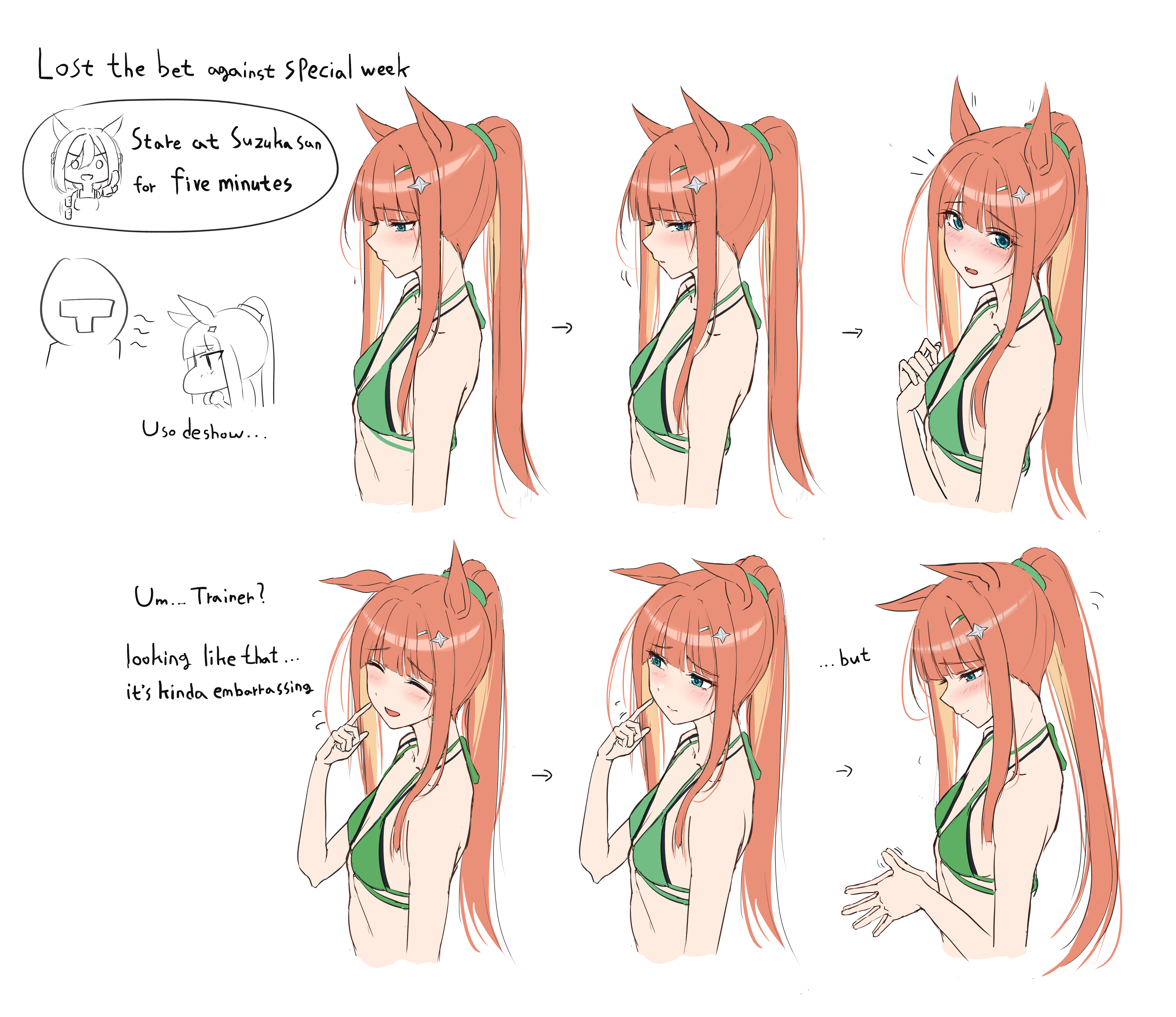 kimchi (user mpzz8457), silence suzuka (umamusume), t-head trainer (umamusume), trainer (umamusume), umamusume, absurdres, highres, 1boy, 2girls, animal ears, arrow (symbol), bare shoulders, blunt bangs, blush, brown hair, cheerleader, closed eyes, collarbone, flat chest, flustered, flying sweatdrops, green sports bra, hair ornament, hairclip, hand on own face, hands up, high ponytail, horse ears, horse girl, index finger raised, long hair, looking at viewer, motion lines, multiple girls, multiple views, notice lines, own hands together, ponytail, sports bra, staring, very long hair