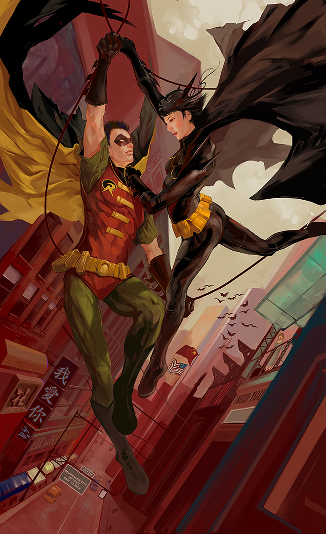 jen zee, batgirl, cassandra cain, robin (dc), tim drake, batman (series), dc comics, 1boy, 1girl, american flag, bat (animal), belt, black hair, boots, brother and sister, building, cape, car, domino mask, english text, eye mask, flag, gauntlets, mask, motor vehicle, people's republic of china flag, realistic, short hair, siblings, spandex, unworn mask, utility belt