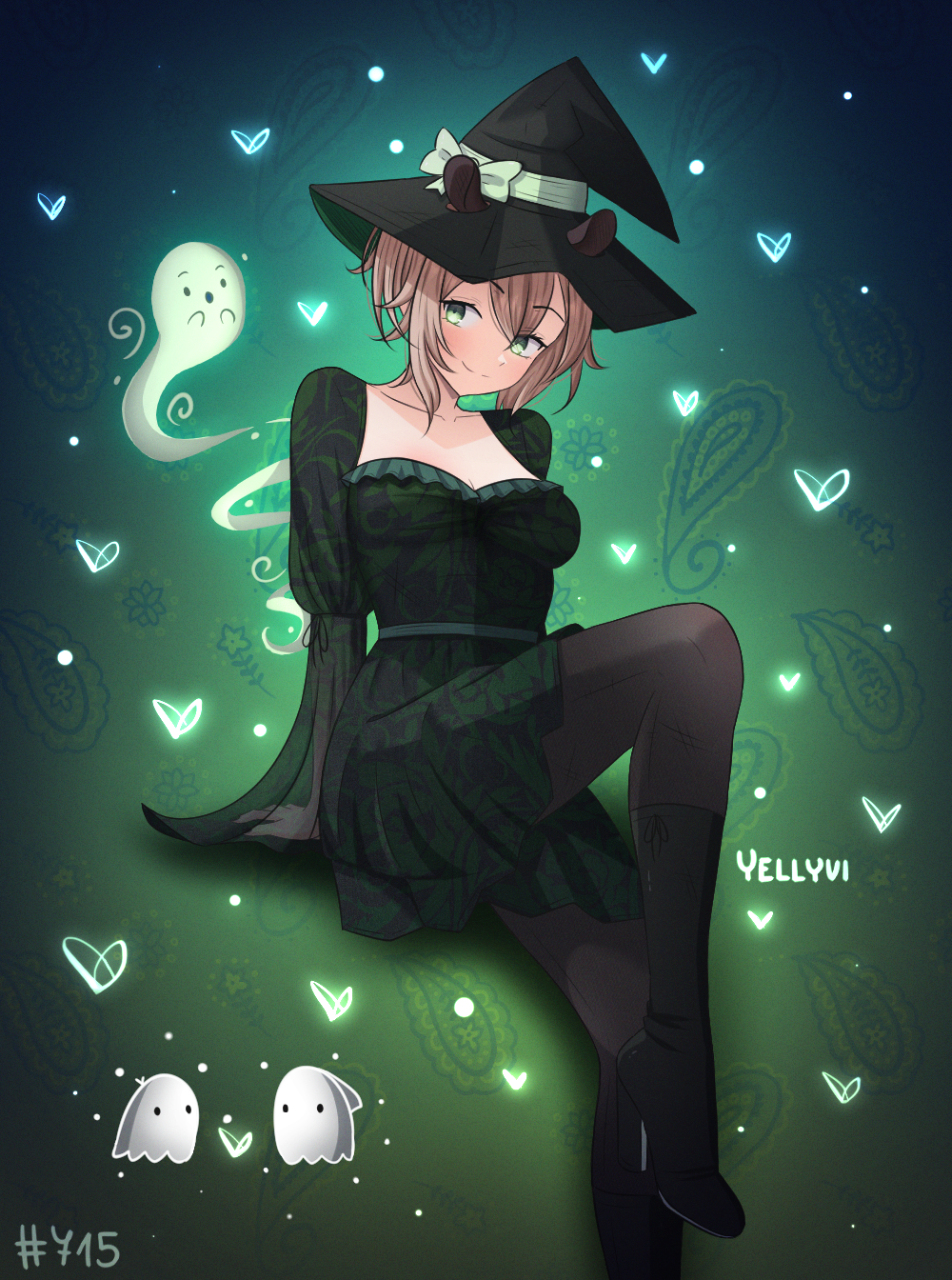 yellyvi, naplings (nimi nightmare), nimi nightmare, indie virtual youtuber, commentary, english commentary, highres, 1girl, animal ears, artist name, black boots, blonde hair, boots, closed mouth, dress, ghost, green dress, green eyes, hair between eyes, hat, hat ribbon, head tilt, light smile, on floor, pantyhose, ribbon, see-through clothes, see-through sleeves, sidelocks, tapir ears, tapir girl, virtual youtuber, witch hat