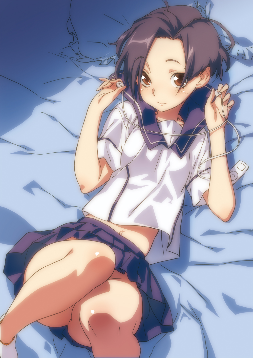 sameda koban, kobayakawa rinko, love plus, highres, 1girl, bed, black hair, blush, bob cut, brown eyes, brown hair, earphones, female focus, foreshortening, headphones, ipod, ipod nano, ipod nano 2g, lying, mp3 player, navel, no panties, short hair, smile, solo