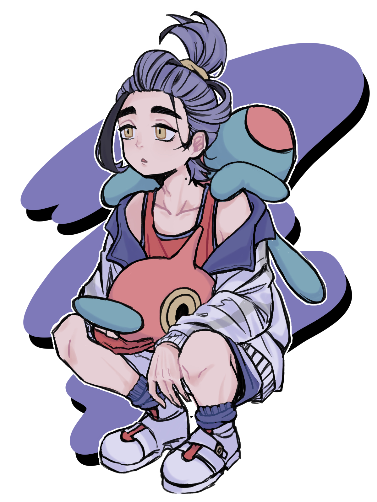 kieran (pokemon), porygon-z, nintendo, pokemon, pokemon sv, commentary, highres, 1boy, arm on own leg, arm rest, black hair, blue socks, collarbone, colored sclera, gen 4 pokemon, gloves, hachigo (user fcvx3358), hairband, holding, holding detached head, horns, jacket, jacket partially removed, looking ahead, loose hair strand, male focus, mole, mole on neck, multicolored hair, on shoulder, open clothes, open jacket, parted lips, partially fingerless gloves, pokemon (creature), pokemon on shoulder, ponytail, purple hair, red gloves, red tank top, shorts, simple background, single glove, single horn, socks, solo, squatting, tank top, triangle mouth, two-tone hair, white jacket, white shorts, yellow eyes, yellow hairband, yellow sclera