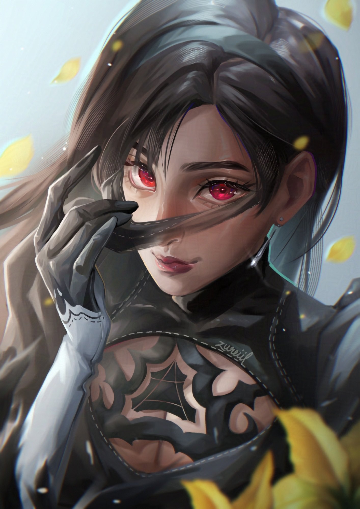 zureiil, 2b (nier:automata), tifa lockhart, tifa lockhart (battler ensemble), final fantasy, final fantasy vii, final fantasy vii: ever crisis, nier:automata, nier (series), commentary, english commentary, highres, 1girl, 2b (nier:automata) (cosplay), artist name, black dress, black gloves, black hair, black hairband, blindfold pull, breasts, cleavage, cleavage cutout, closed mouth, clothing cutout, company connection, cosplay, dress, earrings, eyelashes, falling petals, flower, glint, gloves, hair behind ear, hairband, hand up, holding blindfold, jewelry, juliet sleeves, lips, long hair, long sleeves, looking at viewer, official alternate costume, petals, puffy sleeves, red eyes, single earring, solo, teardrop earrings, turtleneck, turtleneck dress, upper body, yellow flower, yellow petals