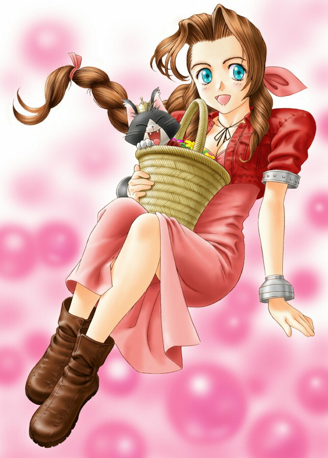 teiku (take), aerith gainsborough, final fantasy, final fantasy vii, commentary request, 1990s (style), :d, aqua eyes, arm at side, arm support, basket, black ribbon, blurry, blurry background, boots, braid, braided ponytail, breasts, brown boots, brown hair, cat, cleavage, closed eyes, cropped jacket, crown, curtained hair, dress, facing viewer, fangs, floating hair, flower, full body, gradient background, hair over shoulder, hair ribbon, hand up, happy, holding, holding basket, invisible floor, jacket, legs together, light blush, long hair, looking at viewer, medium breasts, metal bracelet, neck ribbon, no socks, open mouth, orb, pink background, pink dress, pink ribbon, pocket, purple flower, red jacket, red ribbon, retro artstyle, ribbon, ringlets, short sleeves, single braid, sitting, smile, white trim, yellow flower