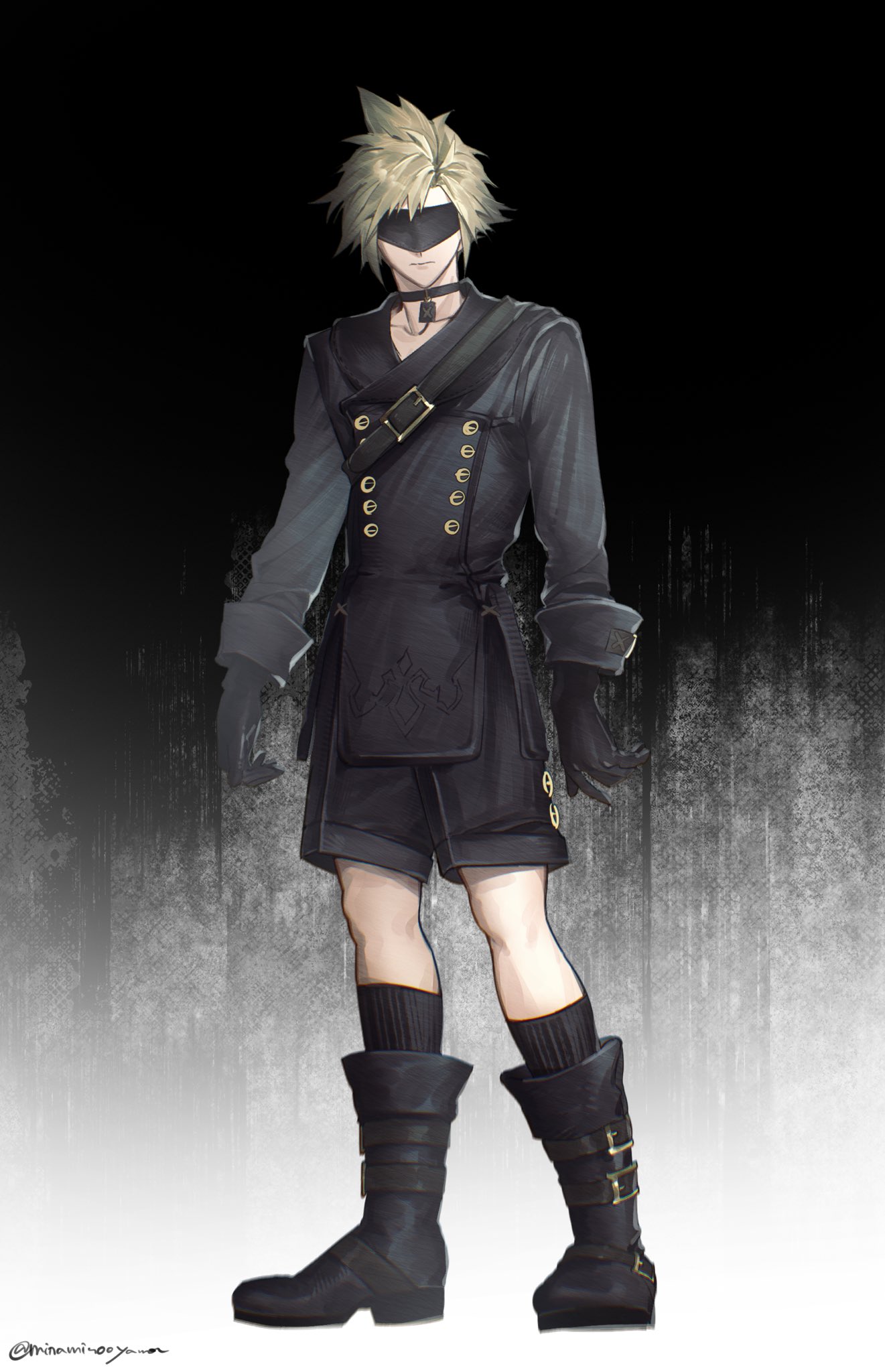 9s (nier:automata), cloud strife, cloud strife (scanner ensemble), final fantasy, final fantasy vii, final fantasy vii: ever crisis, nier:automata, nier (series), commentary request, highres, 9s (nier:automata) (cosplay), black boots, black choker, black gloves, black jacket, black shorts, blindfold, blonde hair, boots, choker, closed mouth, collarbone, cosplay, full body, gloves, gradient background, jacket, long sleeves, male focus, minaminooyama, official alternate costume, short hair, shorts, spiked hair, standing, twitter username
