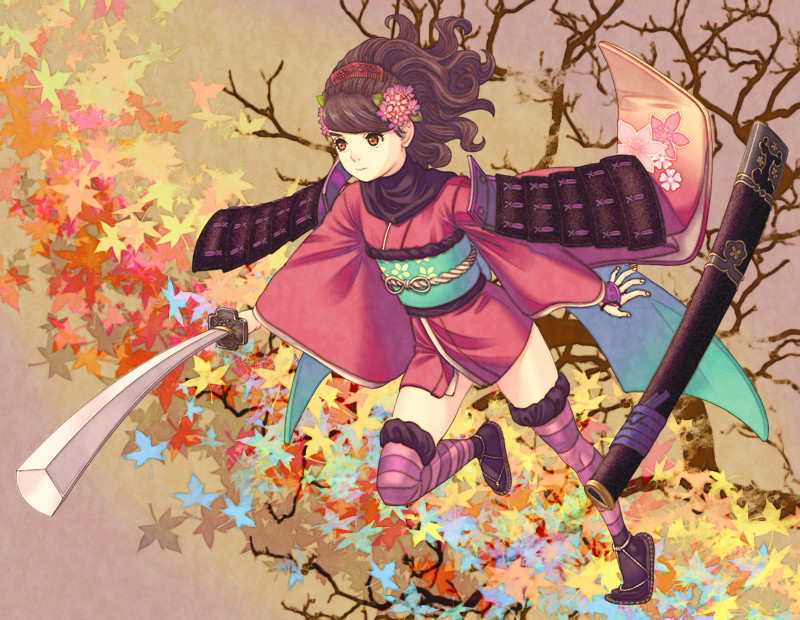 yugume, momohime, oboro muramasa, 1girl, armor, brown eyes, brown hair, female focus, flower, hair flower, hair ornament, japanese armor, japanese clothes, katana, leaf, long hair, maple leaf, scabbard, sheath, shoulder armor, sode, solo, striped clothes, striped thighhighs, sword, thighhighs, weapon