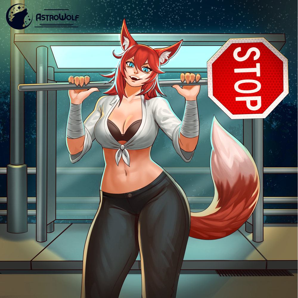 astrowolf, kiera (hhhemeleon), original, commentary, commission, english commentary, 1girl, animal ear fluff, animal ears, artist logo, artist name, bandaged arm, bandages, black bra, black pants, blue eyes, bra, breasts, bus stop, cleavage, cowboy shot, fangs, fingernails, fox ears, fox girl, fox tail, holding, holding sign, logo, medium breasts, navel, night, outdoors, pants, red hair, red tail, road sign, sharp fingernails, shirt, sign, solo, stomach, stop sign, tail, tied shirt, underwear, v-shaped eyebrows, white shirt