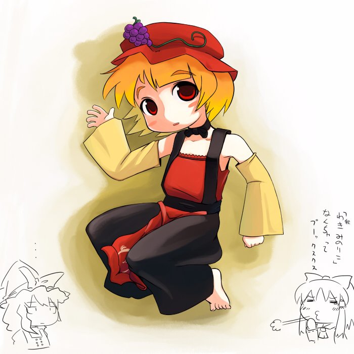 ugif, aki minoriko, hakurei reimu, kirisame marisa, touhou, translated, 3girls, armpits, barefoot, blonde hair, chibi, detached sleeves, female focus, gradient background, hat, japanese clothes, miko, multiple girls, partially colored, plant, red eyes, short hair, sketch, white background