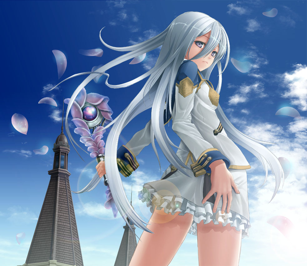 shoboru, felli loss, koukaku no regios, silver hair, uniform, 1girl, cloud, day, female focus, frilled skirt, frills, grey eyes, lips, looking back, petals, skirt, sky, solo, staff, standing