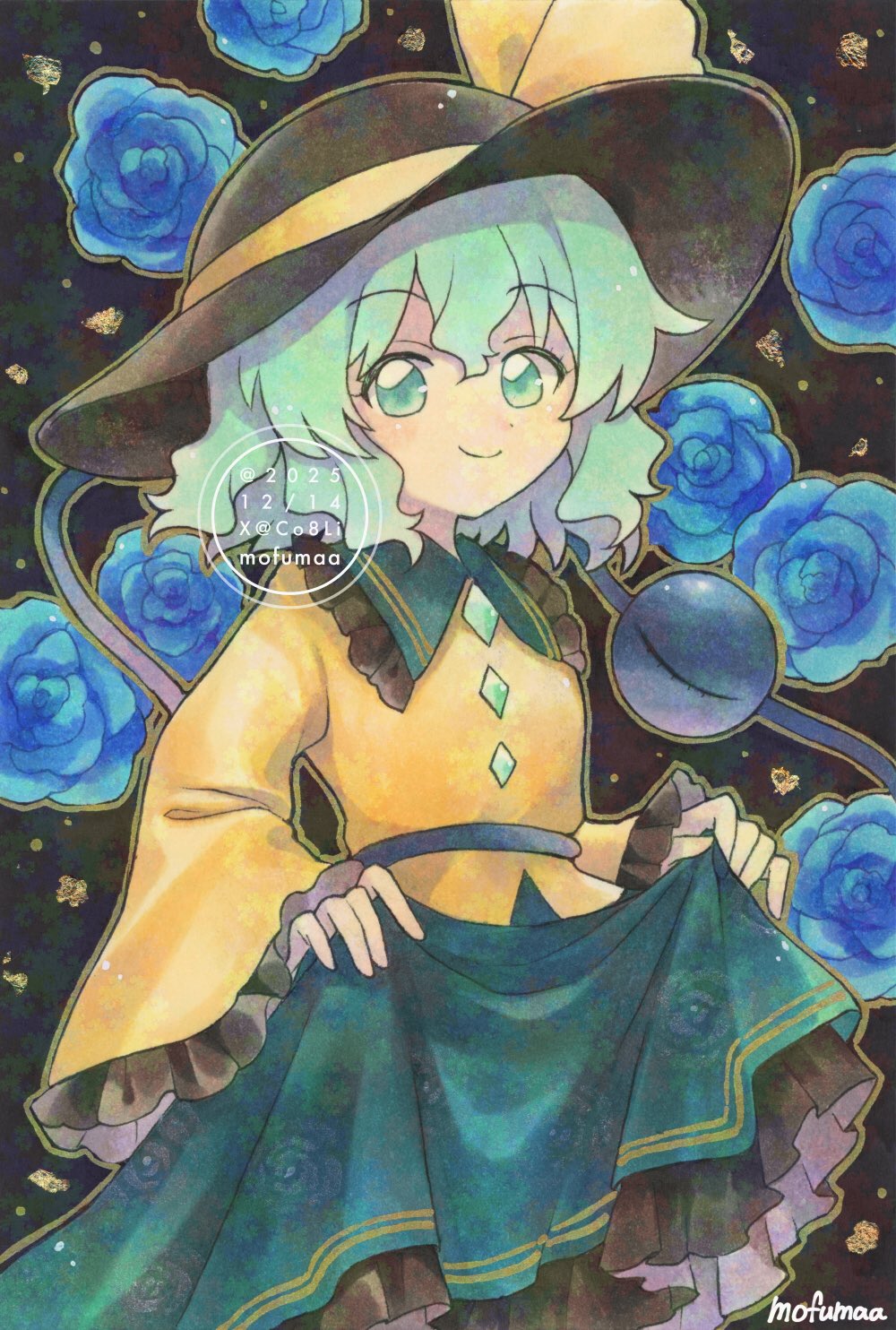 maa (forsythia1729), komeiji koishi, touhou, commentary, highres, traditional media, 1girl, artist name, black hat, blue flower, blue rose, buttons, closed mouth, dated, diamond button, eyeball, flower, frilled shirt collar, frilled sleeves, frills, green eyes, green hair, green skirt, hat, long sleeves, looking at viewer, ribbon, rose, shirt, skirt, skirt hold, smile, solo, third eye, twitter username, watermark, wide sleeves, yellow ribbon, yellow shirt
