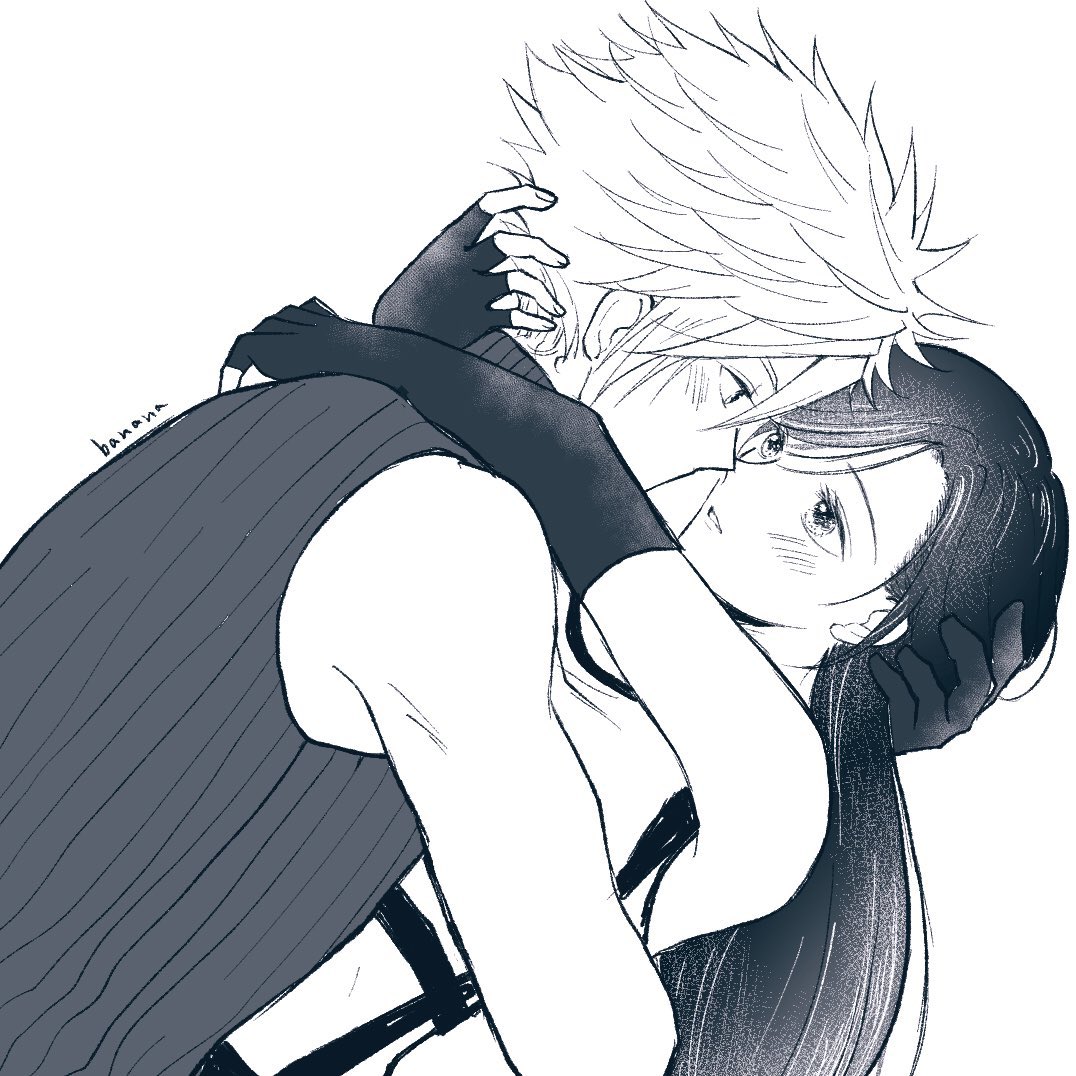 cloud strife, tifa lockhart, final fantasy, final fantasy vii, final fantasy vii rebirth, final fantasy vii remake, commentary, symbol-only commentary, 1boy, 1girl, arms around neck, artist name, banananomama, bare shoulders, blush, couple, crop top, elbow gloves, eye contact, fingerless gloves, gloves, hand on another's head, hetero, hug, imminent kiss, leaning back, leaning forward, leaning on person, long hair, looking at another, parted lips, ribbed sweater, short hair, sleeveless, sleeveless turtleneck, spiked hair, suspenders, sweater, swept bangs, tank top, turtleneck, turtleneck sweater, upper body, white tank top