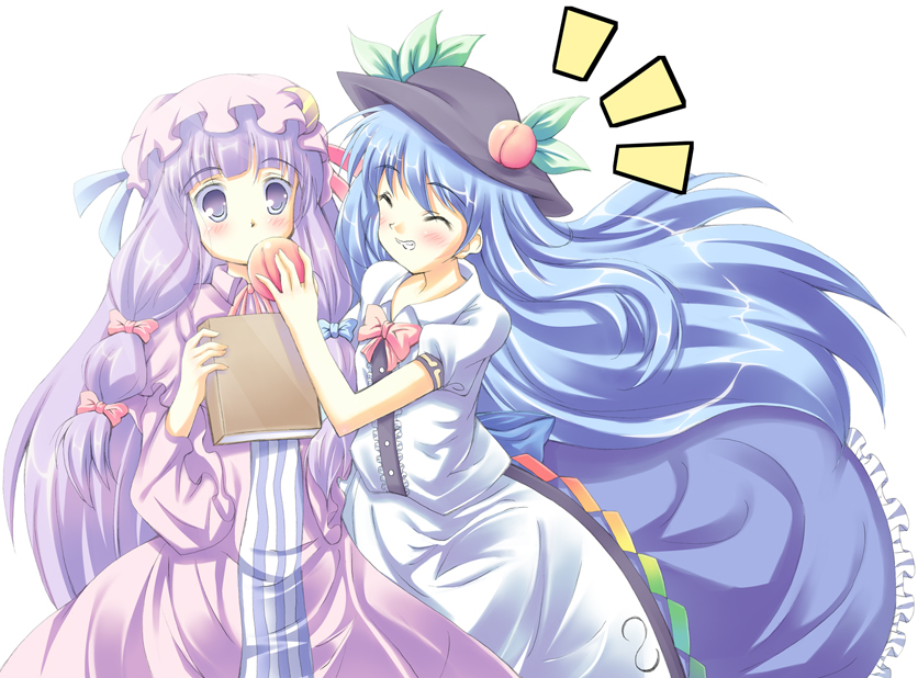 momo at ten, hinanawi tenshi, patchouli knowledge, touhou, bad id, bad pixiv id, 2girls, bow, female focus, food, fruit, hat, multiple girls, peach, pink bow