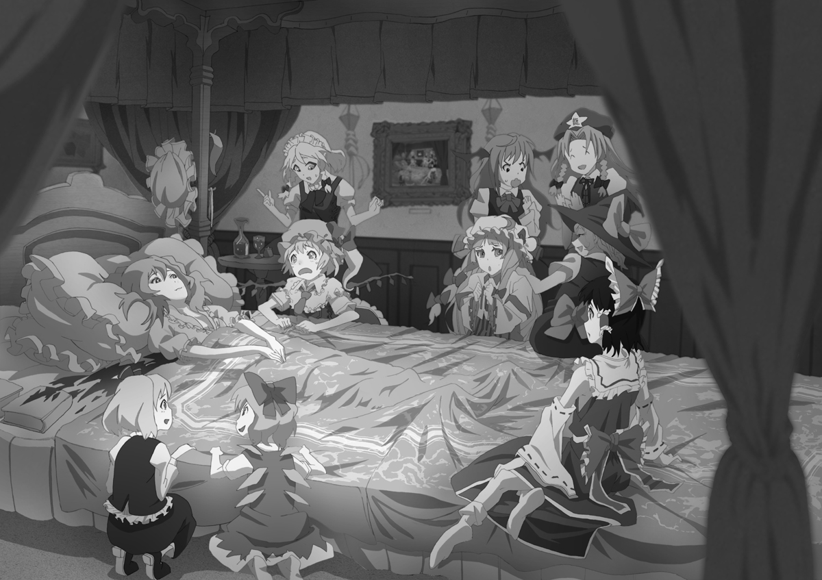 aromaurooboe, cirno, flandre scarlet, hakurei reimu, hong meiling, izayoi sakuya, kirisame marisa, koakuma, patchouli knowledge, remilia scarlet, rumia, embodiment of scarlet devil, touhou, 6+girls, alcohol, bed, greyscale, monochrome, multiple girls, photo (object), pillow, recursion, scarlet devil mansion, tears, wine, wings