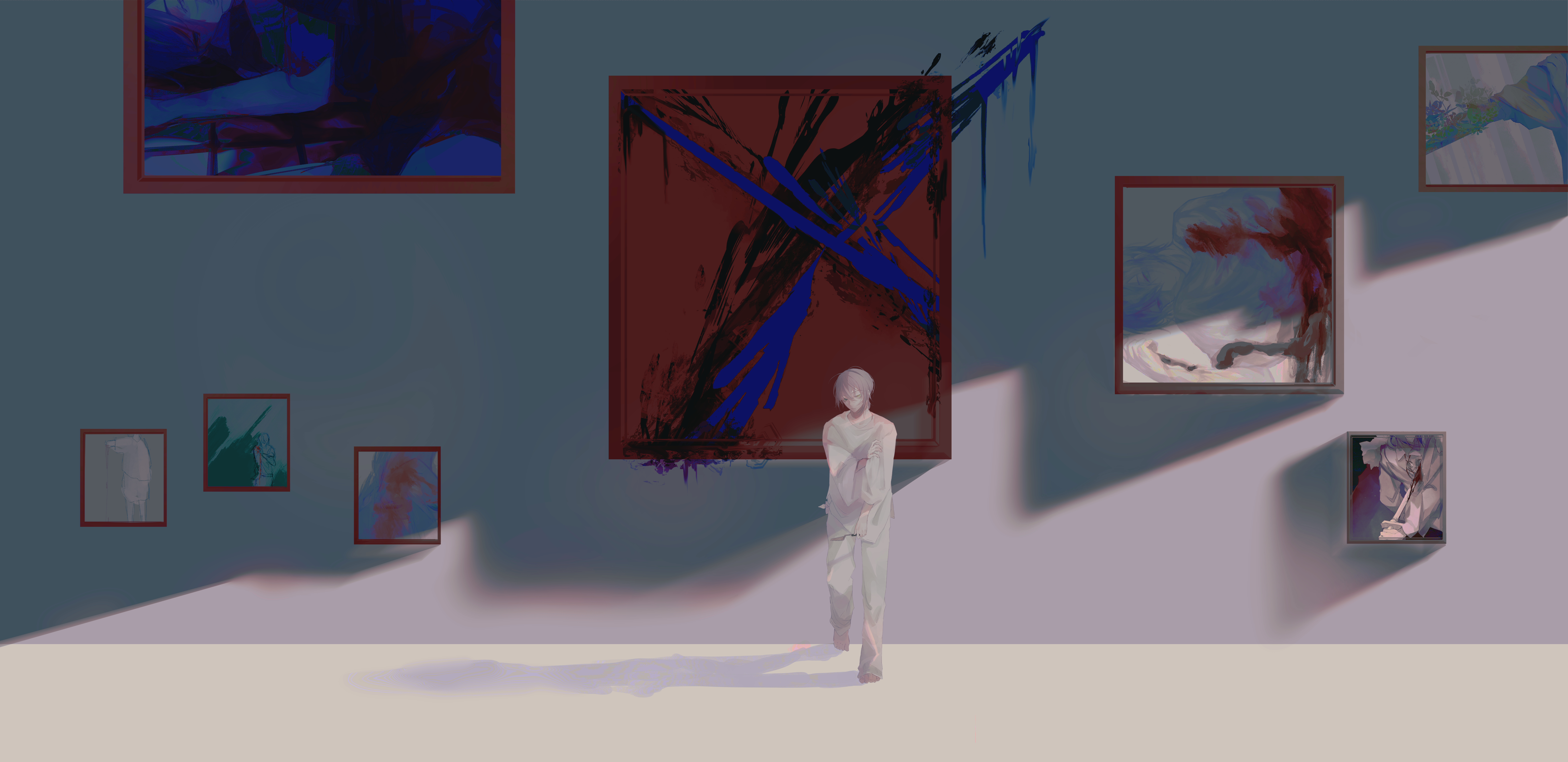 yuhan (hyh6217), original, absurdres, commentary, highres, 1boy, against wall, art gallery, baggy clothes, barefoot, brown eyes, dappled sunlight, drop shadow, empty eyes, expressionless, facing viewer, foot against wall, hand on own arm, holding, holding knife, indoors, knife, leaning back, looking down, looking to the side, male focus, paint, paint splatter, paint stains, painting (object), pants, picture frame, shade, standing, standing on one leg, sunlight, sweater, white hair, white pants, white sweater