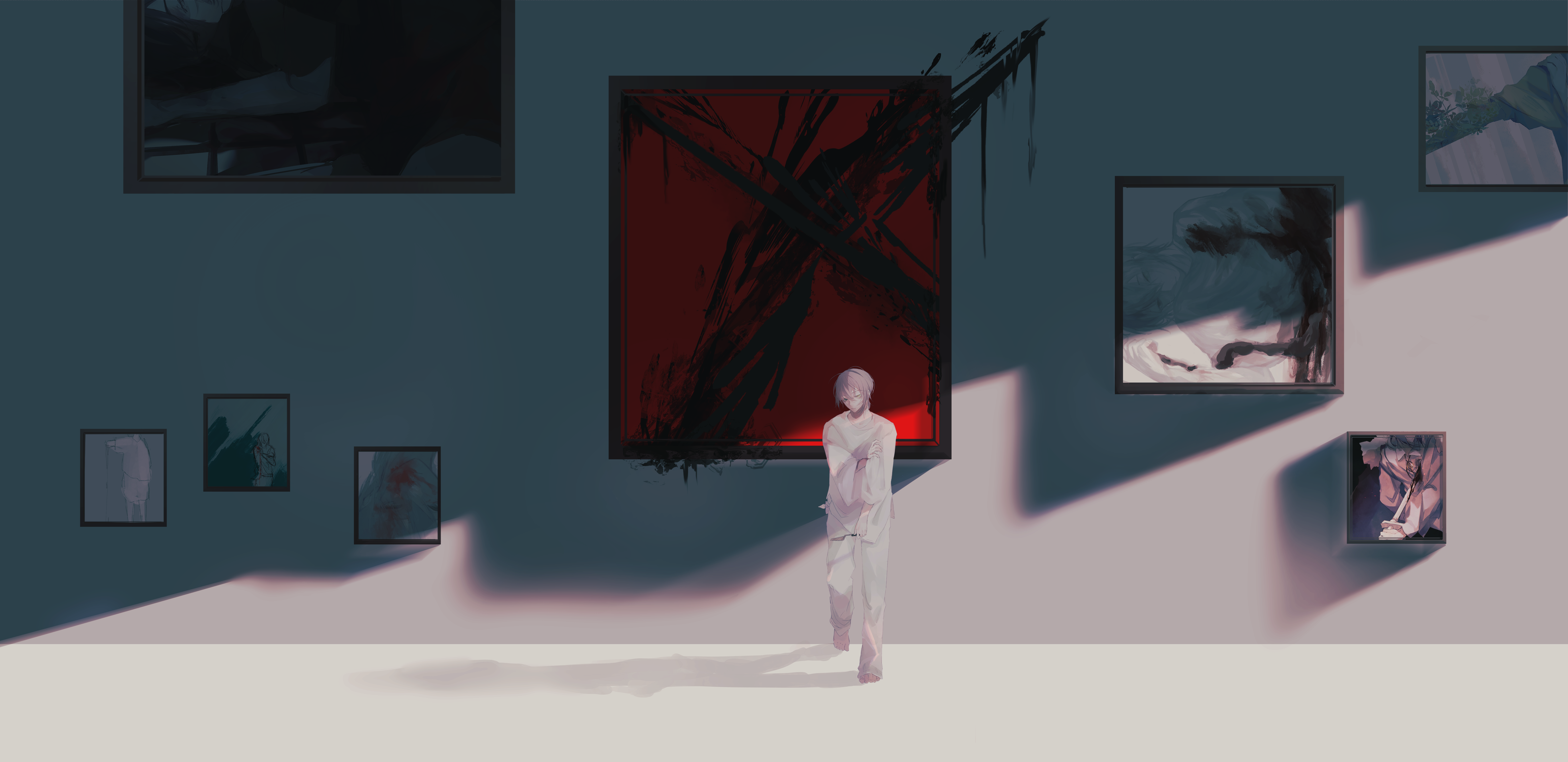 yuhan (hyh6217), original, absurdres, commentary, highres, 1boy, against wall, art gallery, baggy clothes, barefoot, brown eyes, dappled sunlight, drop shadow, empty eyes, expressionless, facing viewer, foot against wall, hand on own arm, holding, holding knife, indoors, knife, leaning back, looking down, looking to the side, male focus, paint, paint splatter, paint stains, painting (object), pants, picture frame, shade, standing, standing on one leg, sunlight, sweater, white hair, white pants, white sweater