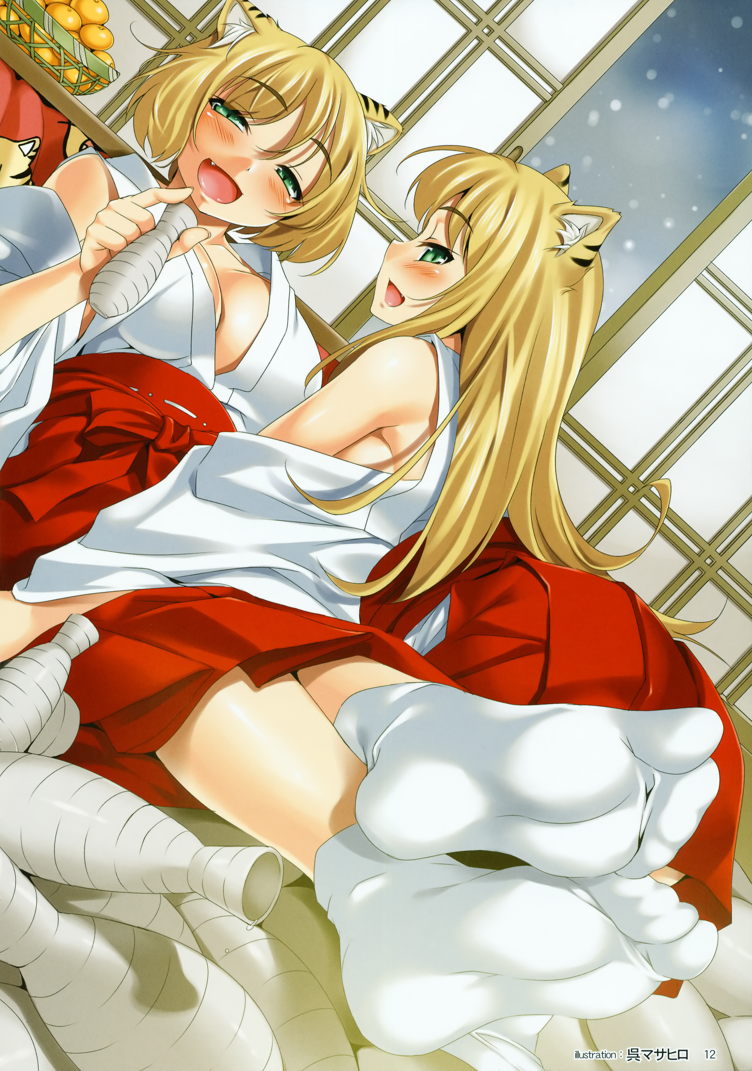 kure masahiro, absurdres, highres, huge filesize, 2girls, animal ears, blonde hair, blush, bottle, breasts, cleavage, drunk, dutch angle, fang, feet, foot focus, green eyes, japanese clothes, large breasts, long hair, maiden, miko, multiple girls, profile, sake, short hair, smile, tabi, tiger stripes