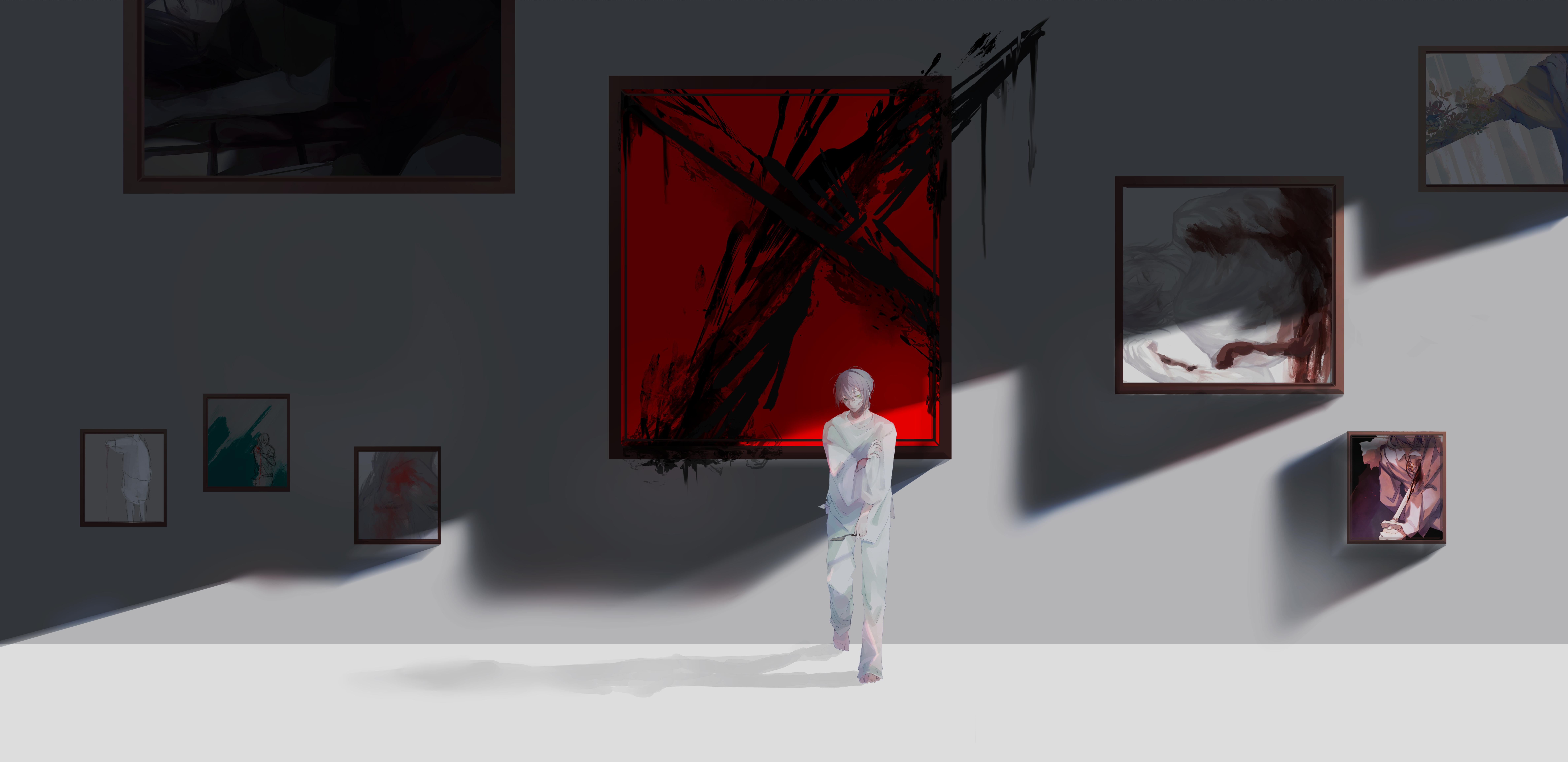 yuhan (hyh6217), original, absurdres, commentary, highres, 1boy, against wall, art gallery, baggy clothes, barefoot, brown eyes, dappled sunlight, drop shadow, empty eyes, expressionless, facing viewer, foot against wall, hand on own arm, holding, holding knife, indoors, knife, leaning back, looking down, looking to the side, male focus, paint, paint splatter, paint stains, painting (object), pants, picture frame, shade, standing, standing on one leg, sunlight, sweater, white hair, white pants, white sweater