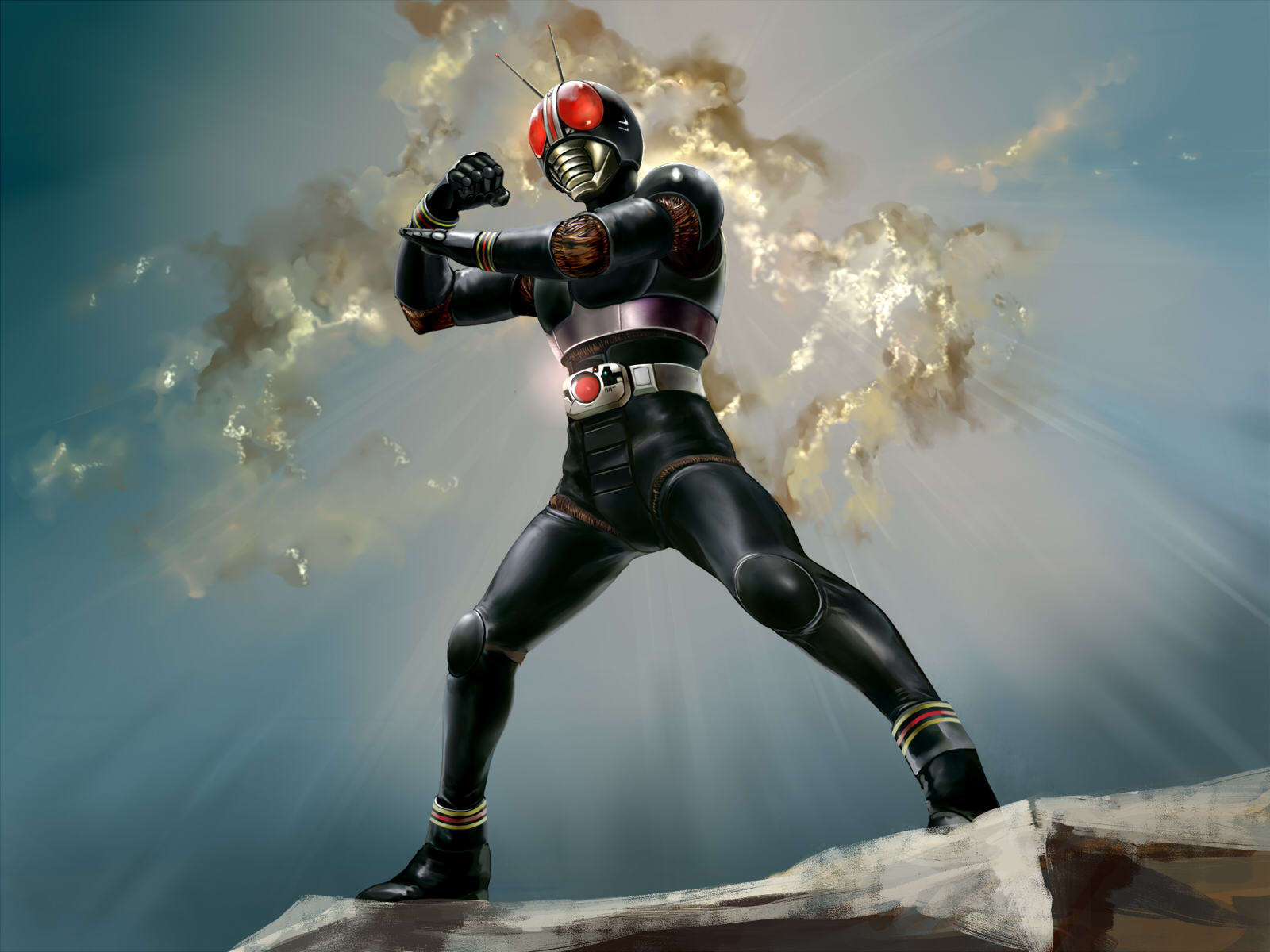 sei mon, kamen rider black, kamen rider, kamen rider black (series), highres, 1boy, antennae, belt, from below, kiyoshiu2606mon, male focus, solo